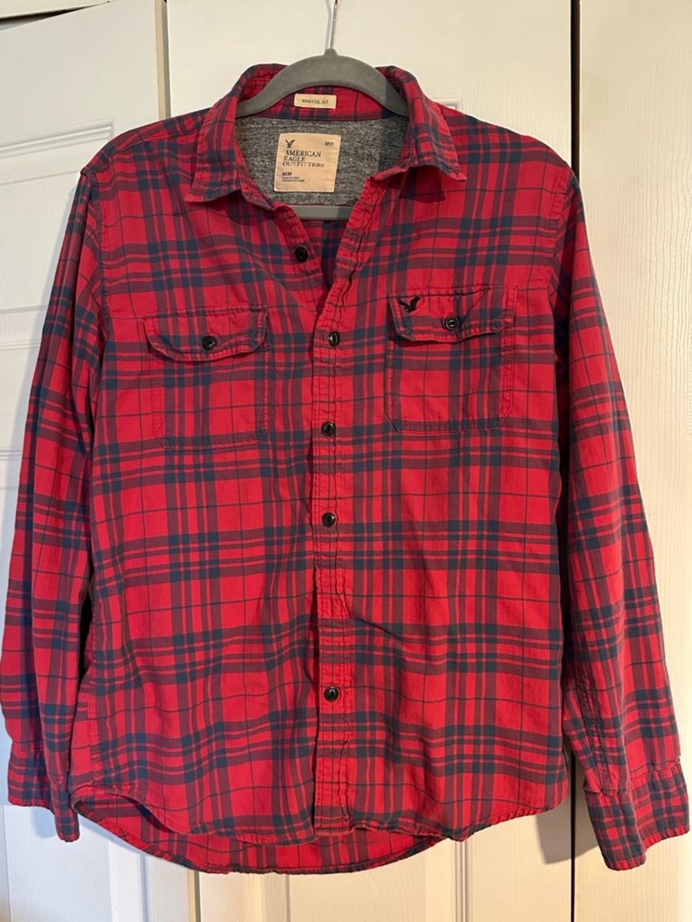 American Eagle Outfitters Red and Navy Plaid Button-Down Shirt